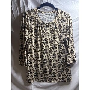 Notations Women Blouse Top PL Beige Floral 3/4 Sleeve Keyhole Neck Pullover